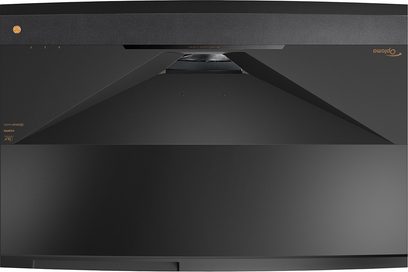 Videoproiector Optoma UHZ65UST negru, vedere frontală, capac închis, obiectiv centrat, logo în partea dreaptă sus