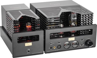 Cayin HA-300 MK3 hovedtelefonforforstærker i sort med dobbelt kabinet, synlige rør, vu-metre og frontmonteret drejeknap