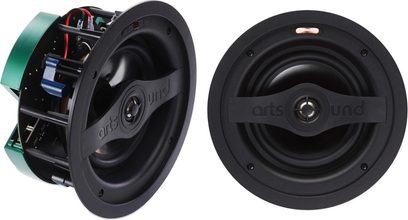Таванен вграждаем високоговорител ArtSound SMART IN SET, преден и страничен изглед, кръгла форма, черен, видими вътрешни компоненти