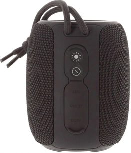 Bluetooth-højttaler Yourban Getone 25 sort, set forfra, tekstureret overflade, synlige knapper, ledning fastgjort øverst