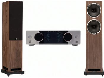 Sistema hi-fi con amplificatore Onkyo argentato e due diffusori da pavimento Fyne Audio con finitura effetto legno, con e senza griglia