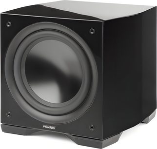 Cassa acustica Paradigm Defiance S10 nero lucido, vista a tre quarti anteriore destra, altoparlante frontale ampio, piedi angolari