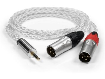 iFi Audio balanced headphone cable 4.4MM to XLR, translucent white braided sleeve, gold-plated 4.4mm connector and two silver metal XLR male connectors with black and red collars, perspective view