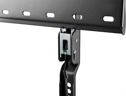 Wall-mount TV support Norstone Mount SLIMLED 3265 in black metal, bottom view showing 5 oval holes and the mounting mechanism