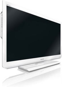 Toshiba 32HL834 32-tommer fladskærms-LED-TV, set forfra, slukket, på hvidt stativ, med hvid ramme