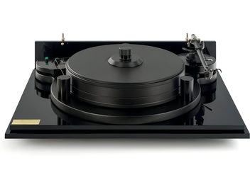 Giradischi Michell Engineering Orbe nero, piatto metallico spesso a gradini, base nera lucida, braccio a destra, vista frontale