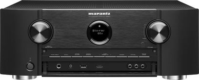 Marantz SR6011 svart hemmabioprojektor, frontvy, svart front med knappar, rattar, blå LCD-skärm, 2 hörlursuttag och USB