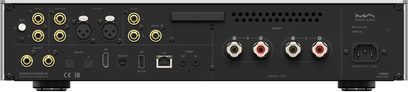 Bakside av Matrix Audio MD-1 integrert stereo hi-fi-forsterker i svart metall, utstyrt med flere forgylte RCA-innganger, to XLR, fire røde og svarte høyttalerterminaler, LAN-, USB-, HDMI ARC- og optiske porter samt IEC-strømtilkobling