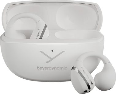 Fones de ouvido sem fio Beyerdynamic Amiron Zero brancos em plástico, detalhes metálicos, estojo de carregamento aberto, vista frontal