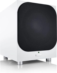 Canton Power Sub 12 S2 subwoofer i mat hvid, med afrundet sort front på fire metalfødder