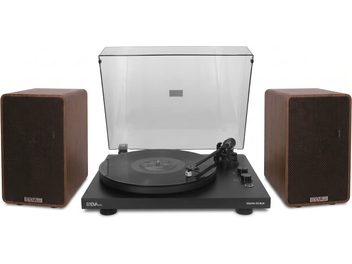Enova Hifi Vision4 G2 vinylpakke i sort med transparent låg og to højttalere i mørk træfinish