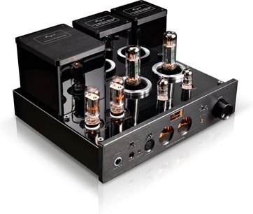 Cayin HA-6A high-fidelity hovedtelefonforforstærker i sort, kabinet i børstet metal og lakeret topplade, der spejler seks glasrør og tre bageste transformatorer, set i trekvart forfra