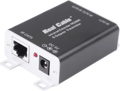 Trådløs infrarød sender Real Cable RC14IR sort med RJ45- og DC 5V-stik, set oppefra og forfra