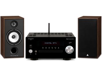 Önden görünümde siyah Triangle hoparlörlü ve ahşap kaplamalı Advance Paris MyConnect 60 hi-fi sistemi