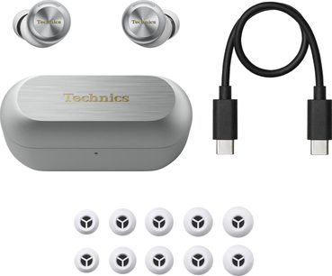 Casco hifi inalámbrico Technics EAH-AZ100E plateado con auriculares circulares, estuche rectangular, cable USB-C negro y 7 almohadillas blancas