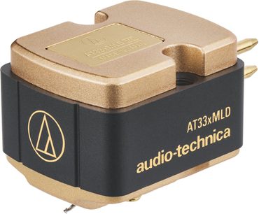Testina phono Audio Technica AT33xMLD, corpo nero e oro, finitura metallica, due pin dorati sul retro, vista a tre quarti