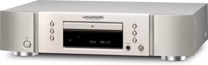 CD přehrávač Marantz CD5005 zlatostříbrný, pohled zepředu, stříbrný čelní panel s digitálním displejem a ovládacími tlačítky