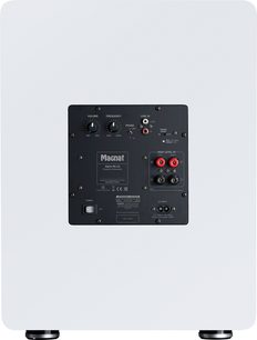 Witte Alpha RS 12 subwoofer, achteraanzicht, zwart bedieningspaneel met knoppen, audioconnectors, schakelaar en ronde voetjes