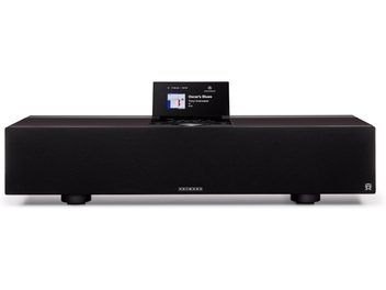 Primare Allt-i-Ett all-in-one hi-fi system in black, metal-look chassis and fabric front, color screen at the top, front view