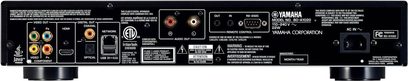 Yamaha BD-A1020 4K Blu-ray-afspiller i sort, set forfra, tilslutninger på bagsiden, fjernbetjening, detaljeret teknisk brochure