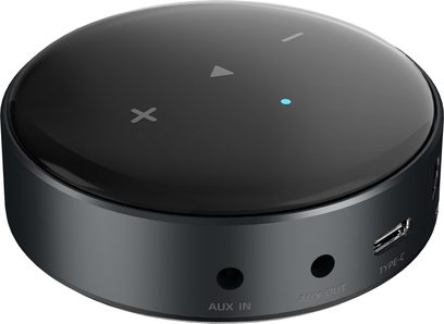 WiiM Mini võrguaudiopleier, must ümmargune, puutetundlik pind ikoonidega + - esitus, sinine LED ja AUX USB-C pordid