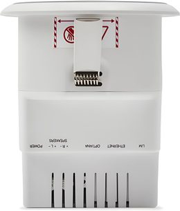 Q Acoustics E300A integrated stereo hi-fi amplifier in matte white plastic, rear view with central mounting clip, vertical ventilation slots, and inverted labeling of the connectors