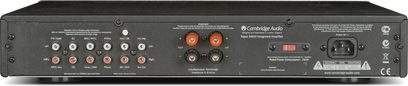 Hi-fi stereo zesilovač Cambridge Audio Topaz AM10 integrovaný, černý, přední panel s tlačítky, konektory a LED displejem
