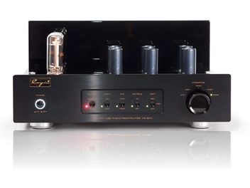 Cayin CS-6PH High-Fidelity-Leistungsverstärker in Schwarz, Gehäuse aus gebürstetem schwarzem Metall, Frontansicht mit sichtbarem Glaskolben links, LED-Anzeigen in der Mitte und großem Drehregler rechts