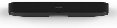 Sonos Beam sort soundbar, set forfra, aflang rektangulær form, mat sort finish, akustisk gitter på forsiden