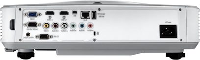 Optoma HZ45UST videoprojektor, bagside, HDMI, VGA, audio, USB, RS-232, RJ45, AC-strømforsyning, kontakt