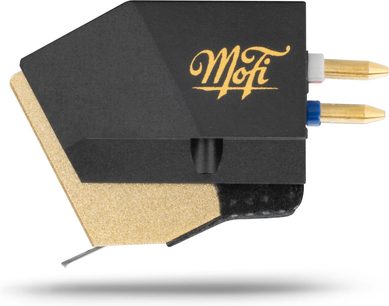 Hi-fi přenoska pro gramofon Mofi Electronics UltraGold MC černo-zlatá, boční pohled s viditelným hrotem