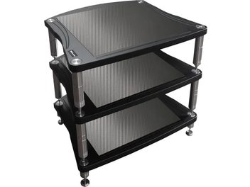 Mebel hi-fi Bassocontinuo Accordeon XL4 2.1, czarna konstrukcja, 3 szklane półki, cylindryczne nóżki
