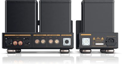 Preamplificador de auriculares hi-fi Cayin HA-300MK2 en metal negro, vista trasera, compuesto por dos chasis rectangulares sobre patas con etiquetas doradas, conectores XLR y RCA, terminales para altavoces y tomas de alimentación