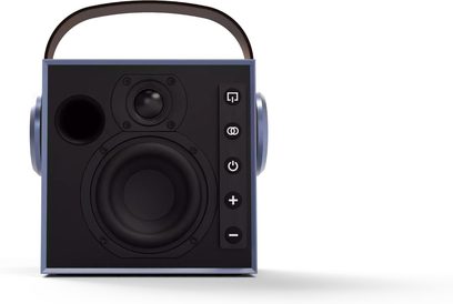Prenosni bluetooth zvočnik Morel Biggie, kockasto ohišje iz svetlo modre plastike, pogled od spredaj s črno sprednjo ploščo, v katero so vgrajeni woofer, visokotonec, okrogla odprtina za bas, navpični upravljalni gumbi in ukrivljen ročaj na vrhu