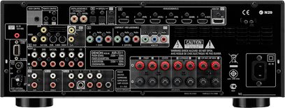 Denon AVR-2311 hjemmebiograf-forstærker, bagside, mange lyd/video-stik, herunder HDMI, komponent, optisk, koaksial, højttalere