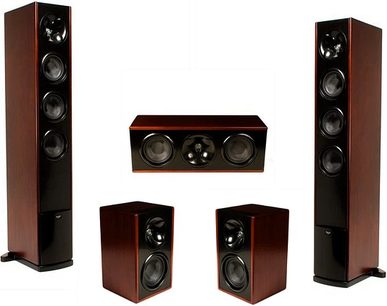 Pakke med Klipsch Icon WF-34 gulvhøjtalere i mørkt træ, set forfra, bestående af en center og fire tårne