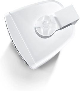 Boxă de exterior Canton PRO X.3 albă, formă triunghiulară rotunjită cu suport de perete discret, vedere de sus