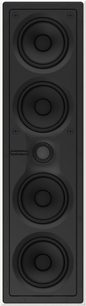 Zástěnný reproduktor Bowers & Wilkins CWM7.4 S2 v černé barvě, pohled zepředu, se 4 kruhovými reproduktory uspořádanými vertikálně