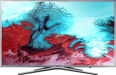 Televizor Samsung UE32K5600AKXZF zobrazující abstraktní obraz vln v tyrkysové a červené barvě na světle modrém pozadí