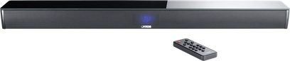 Canton Smart Sounddeck 100 soundbar in hoogglans zwart, metalen rooster aan de voorzijde met blauw lampje en bijpassende afstandsbediening