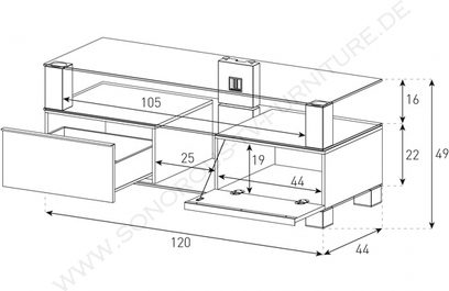 Mobile TV Sonorous MD9120B-INOX-APPLE finitura Apple, schema tecnico con dimensioni in cm, vista frontale e laterale