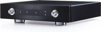 Wzmacniacz hi-fi stereo Primare I35 DAC w kolorze czarnym, widok z przodu, srebrne pokrętła, niebieski wyświetlacz, front ze szczotkowanego aluminium