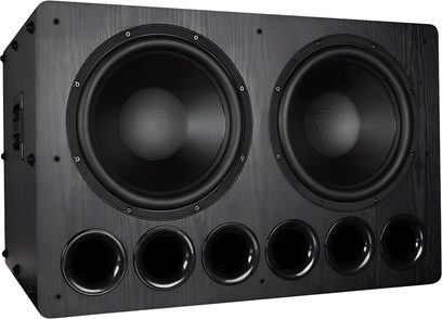 Black Tonewinner SW-D8000 Pro subwoofer, dual front-facing drivers and five round ports in three-quarter view