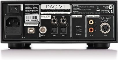 Naim Audio DAC-V1 digital-til-analog-audio-konverter, bagside, audio- og USB-ind-/udgange