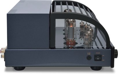 Amplificatore hi-fi a valvole PrimaLuna Evo 300 integrato nero, vista frontale, coperchio aperto che rivela le valvole a vuoto e i componenti interni