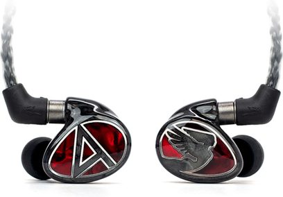 Otevřená hifi sluchátka Astell&Kern Layla AION, pohled zepředu, černá sluchátka se stříbrnými vzory ve tvaru zkřížených šipek