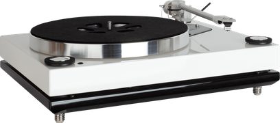 Gramofon Roksan Xerxes 20 Plus v bílém laku, černý matný talíř, stříbrné rameno, pohled shora 3/4 z pravého předního úhlu