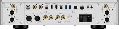 Matrix Audio MS‑1 PRE argenté en aluminium, vue arrière, panneau complet doté de sorties analogiques XLR symétriques, multiples entrées numériques (BNC 10 MHz, coaxial, optique, HDMI I²S, USB‑B), ports USB‑A, LAN RJ45, SFP, entrées analogiques XLR et RCA, bornier de masse, double jack trigger et prise secteur IEC