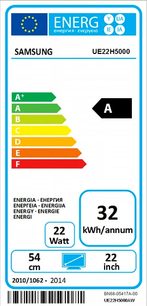 Energimærke for en Samsung UE22H5000-tv, energiklasse A, 22 tommer skærmdiagonal svarende til 54 cm