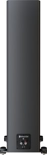 Diffusore da pavimento Perlisten A4t, vista posteriore, cabinet nero opaco, piastra in metallo con morsetti rosso/nero, piedini metallici